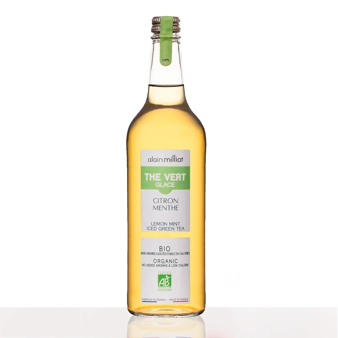 Bouteille de thé vert glacé citron menthe bio Alain Milliat, disponible chez Jardins d'Épicure, une boisson rafraîchissante et faible en calories.