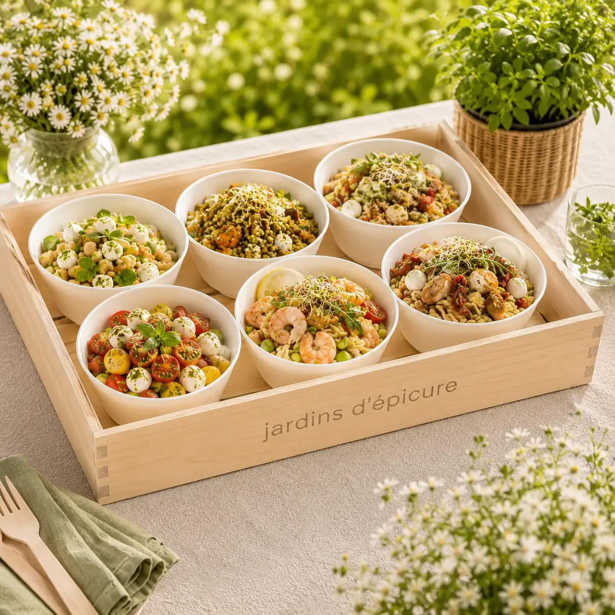 Plateau de 6 salades individuelles pour végétarien - Jardins d'Épicure traiteur artisanal et écoresponsable qui fait de livraison à Paris et Île de France