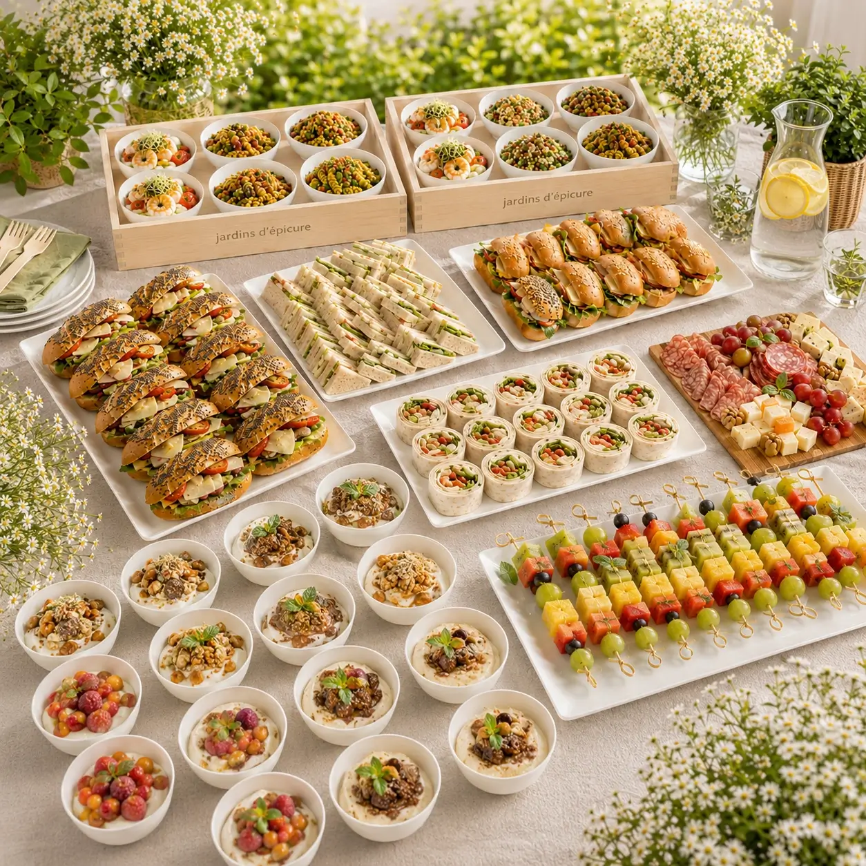 Buffet froid individuel à partager des Jardins d’Épicure avec mini burgers, wraps, sandwichs, salades individuelles, desserts et brochettes de fruits