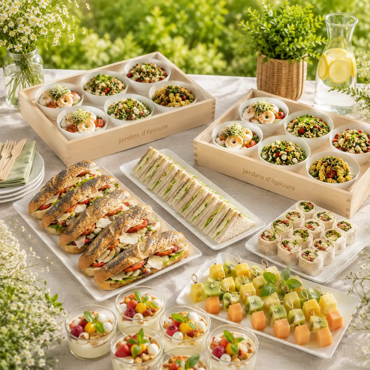 Buffet mange-debout premium pour 6 personnes des Jardins d’Épicure avec mini sandwichs, wraps, salades individuelles, desserts et brochettes de fruits frais