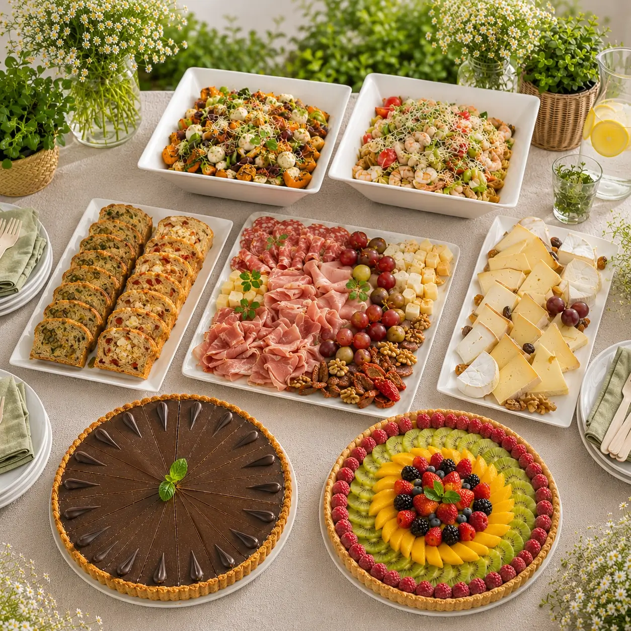 Buffet froid à partager des Jardins d’Épicure avec grandes salades, planches de charcuterie et fromages, cakes salés et tartes aux fruits