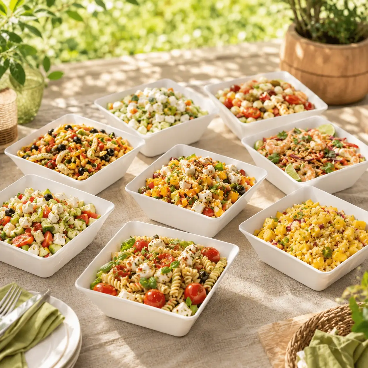 Grandes salades fraîches à partager des Jardins d’Épicure présentées en bols blancs avec recettes méditerranéennes, végétariennes et gourmandes