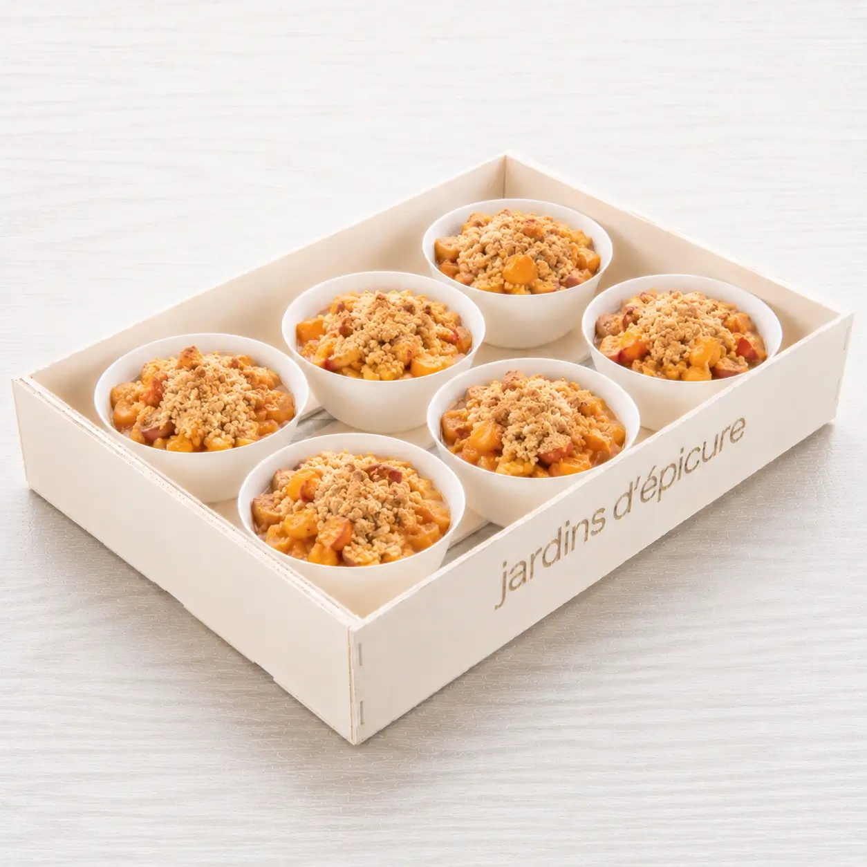 Plateau de 6 verrines crumble aux abricots et nectarines Les Jardins d’Épicure