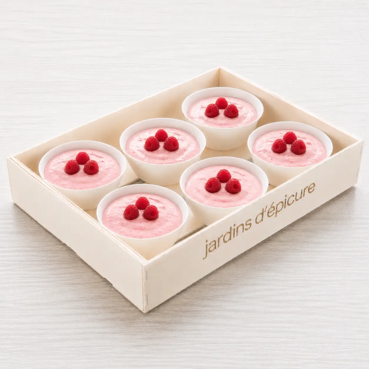 Plateau de 6 verrines mousse légère à la framboise Les Jardins d’Épicure